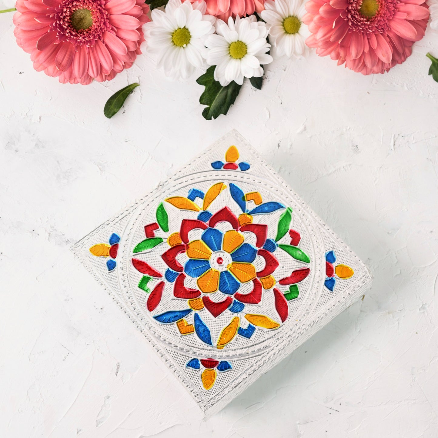 Handicraft Meenakari Wooden Chowki Puja Bajot For Home Office Decor For Puja Multicolour (1 Pc Set) - Happy Price - Image 4