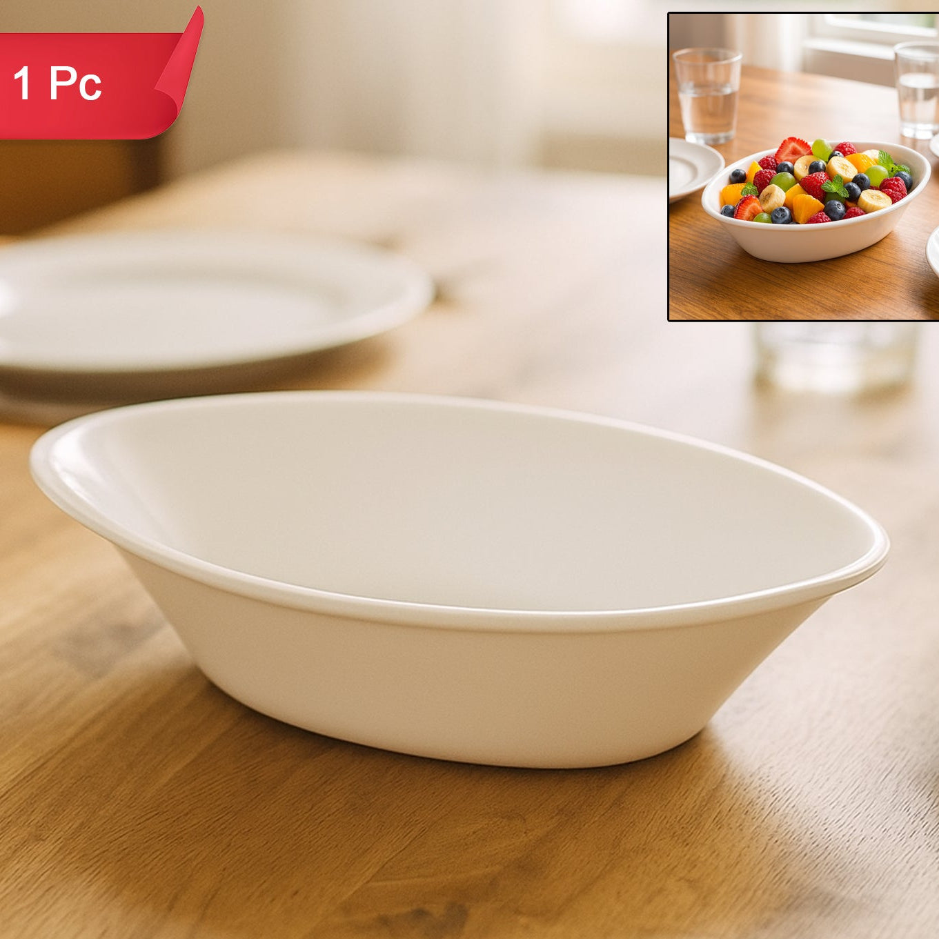 White Oval Serving Bowl - Deep Plastic Dish for Salads & Curries (1 Pc) - Happy Price - Image 1