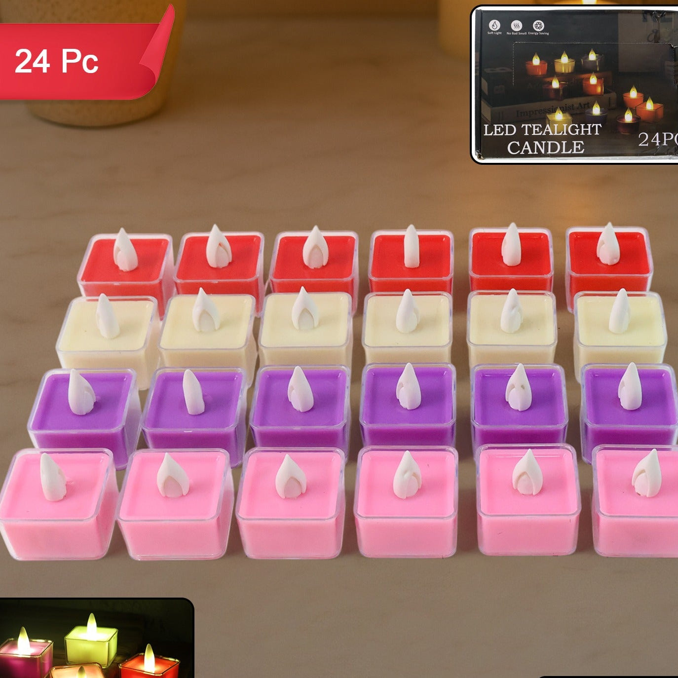 Set of 24 Multi-Color LED Tealight Candles with Flickering Flame Effect - Happy Price - Image 1