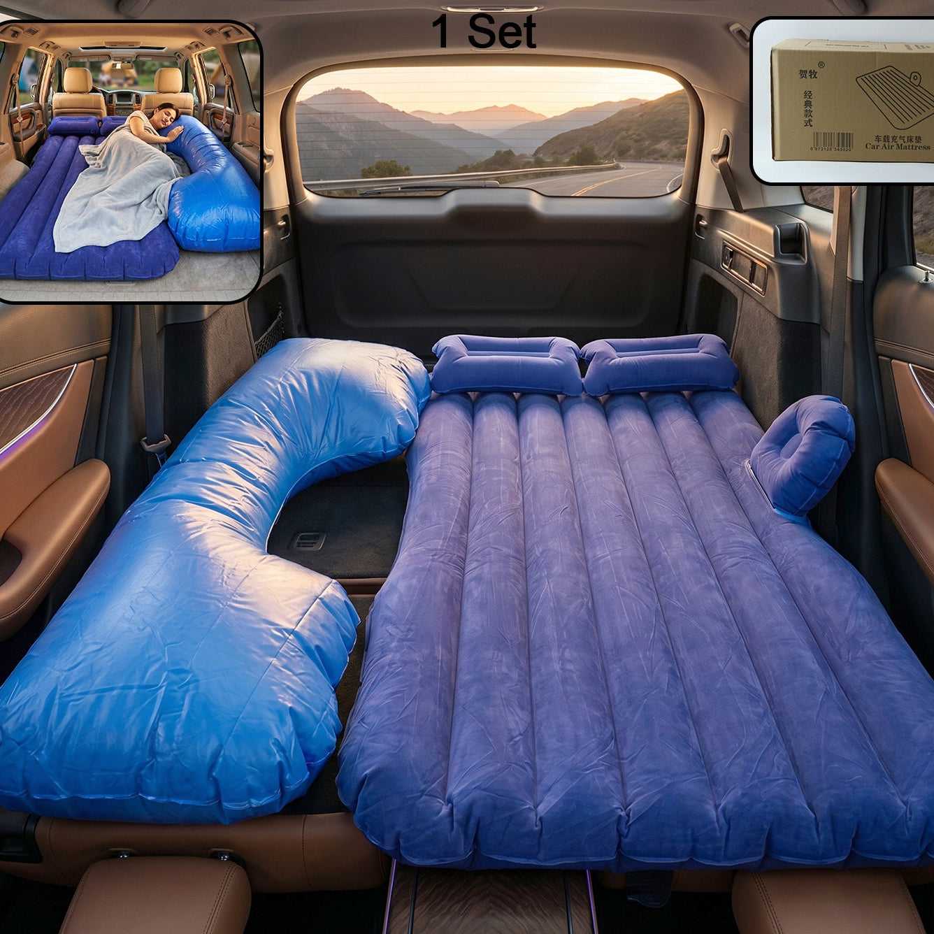 Blue Portable Car Air Mattress with Pump and Pillows for SUV Travel - Happy Price - Image 1