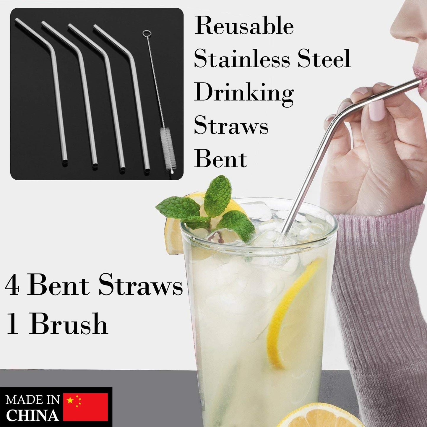 Reusable Stainless Steel Drinking Straws Bent (4 Bent Straws 1 Brush) - Happy Price - Image 2