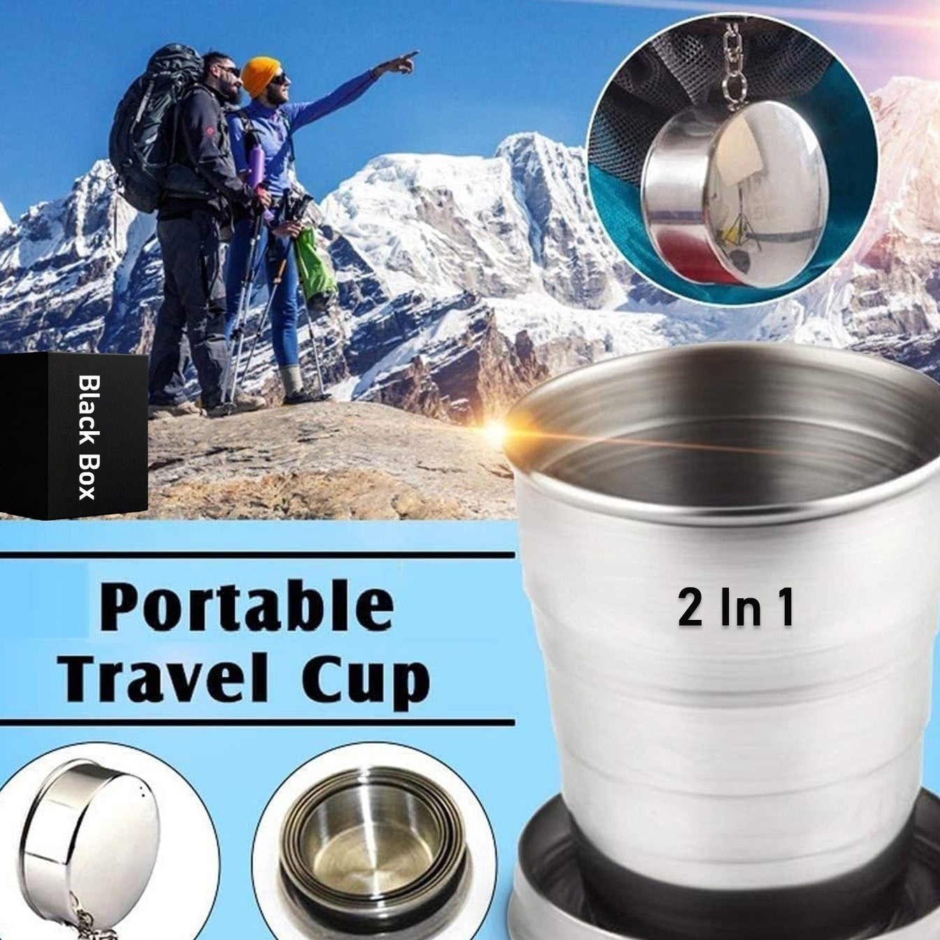 2-in-1 Collapsible Stainless Steel Camping Cup with Keychain (1 Pc) - Happy Price - Image 1
