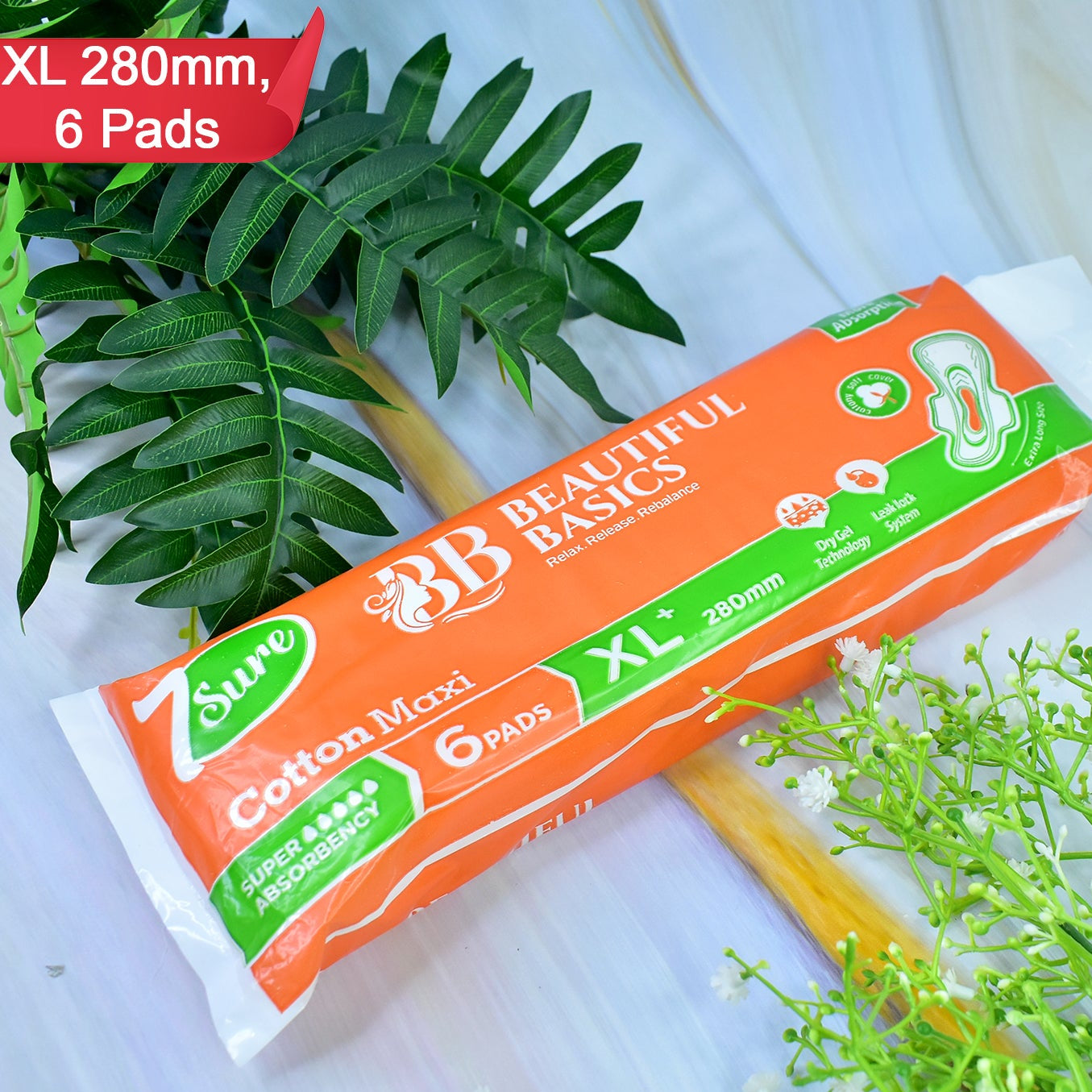 Beautiful Basics Orange Cotton Maxi Sanitary Pads Xl+ 280mm Pack Of 6 Pads - Happy Price - Image 1