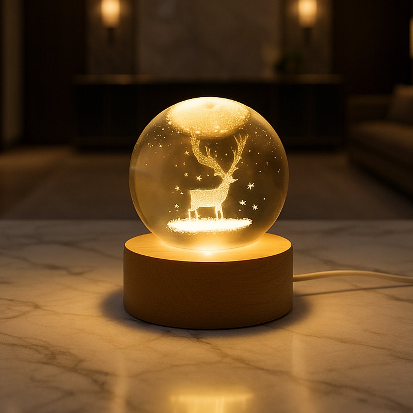 Mela Crystal Ball Night Light Glass Ball Night Lamp With Wood Base - Happy Price - Image 4