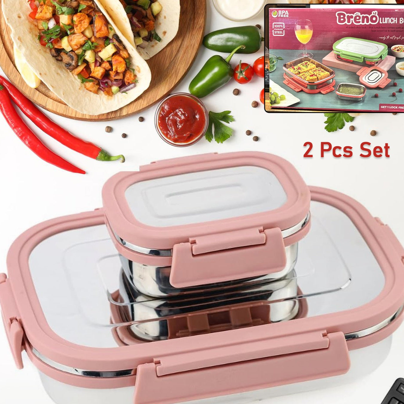 Premium Stainless Steel Leak Proof Air Tight Lunch Boxes (900ml+200ml Approx 2 Pc Set) - Happy Price - Image 1