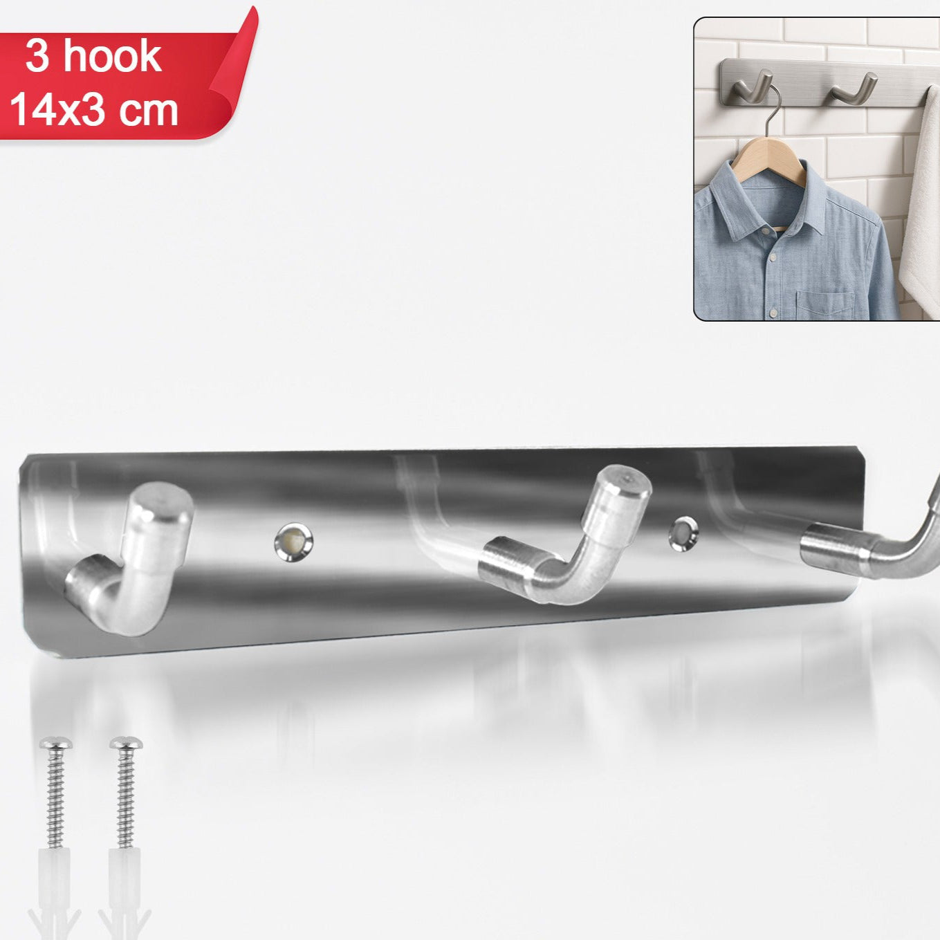 Stainless Steel Wall Mounted Coat 3 Hook Rack (14x3 1 Pc) - Happy Price - Image 1