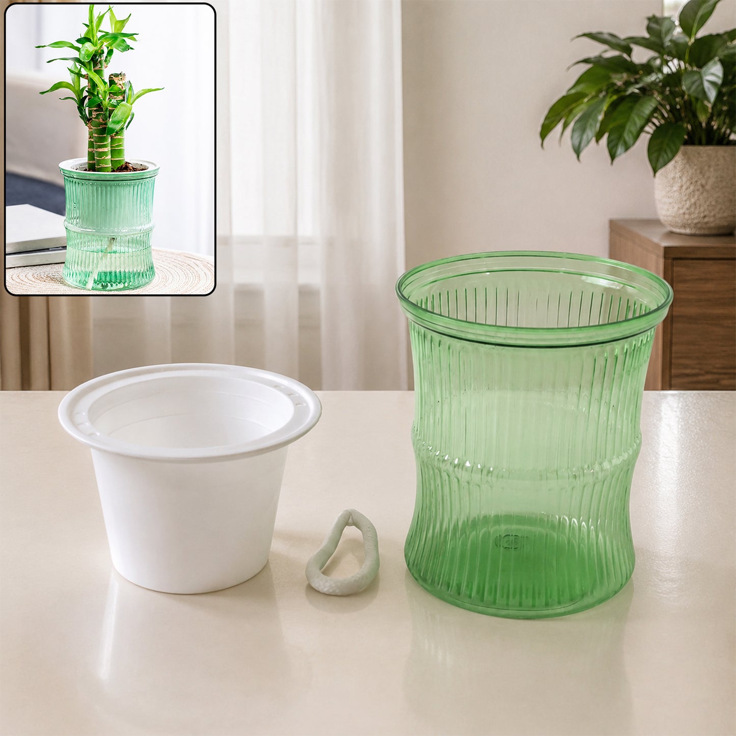 Self-Watering Plant Pot with Cotton Wick - Bamboo Style, 1 Pc - Happy Price - Image 2