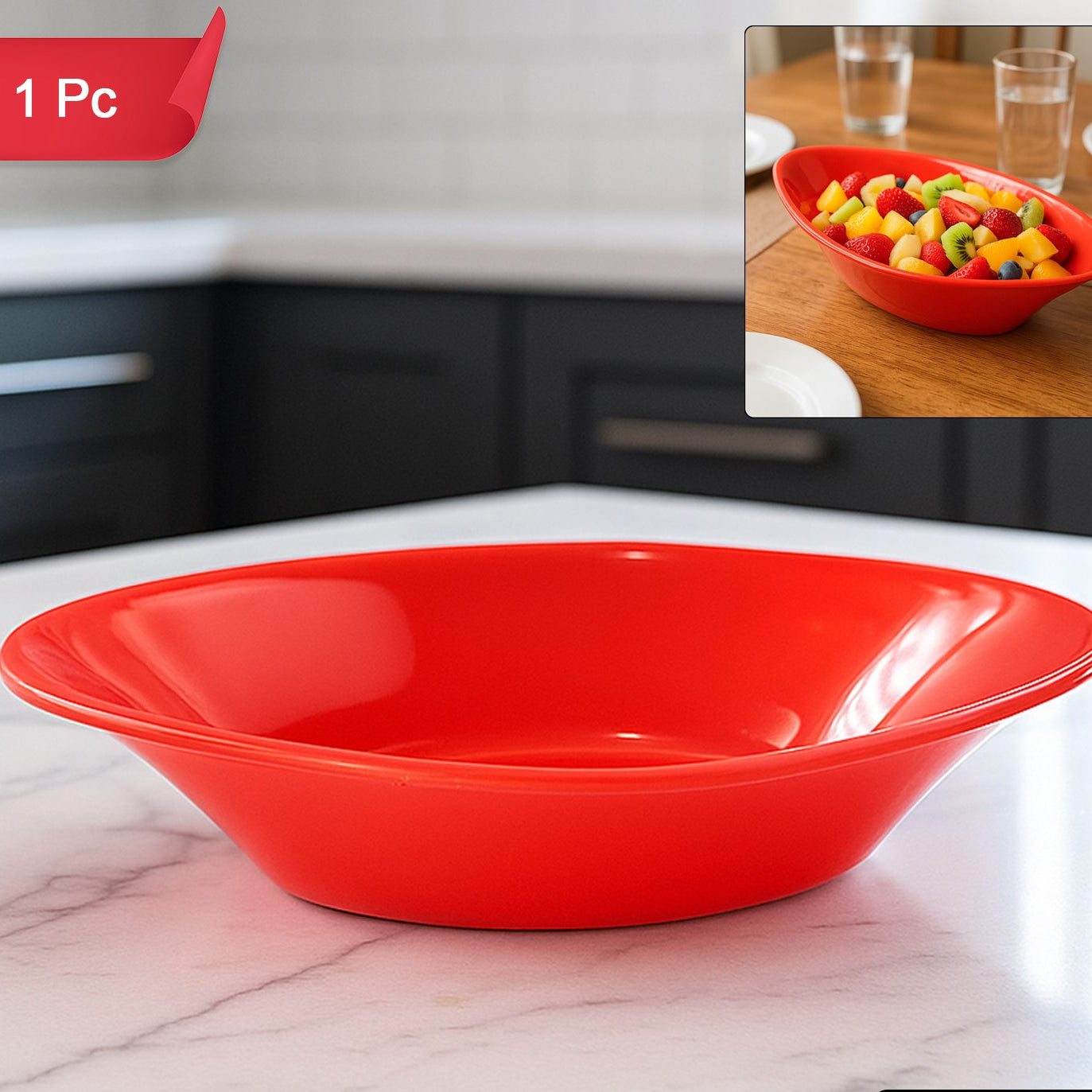 Red Oval Serving Bowl - Deep, Break-Resistant Plastic for Salads & Snacks (1 Pc) - Happy Price - Image 1