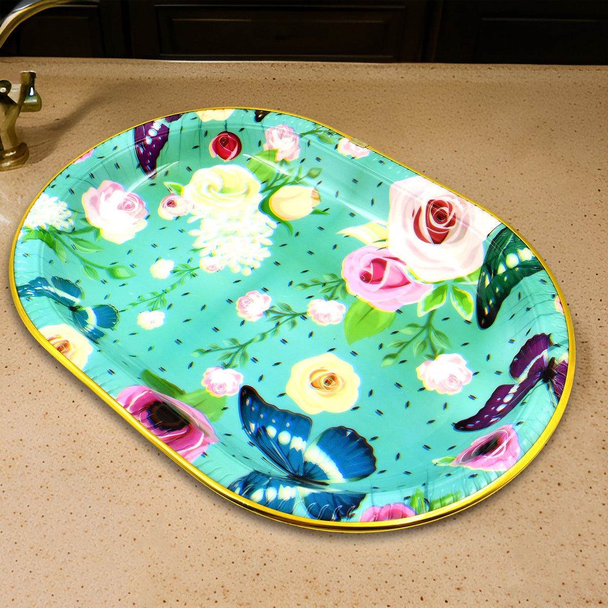Plastic Flower Printed Design Serving Tray (3 Pcs Set Mix Color) - Happy Price - Image 3