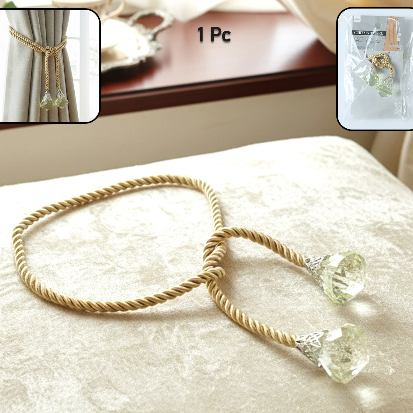 Decorative Curtain Tieback with Crystal Drop Ends (1 Pc) - Happy Price - Image 1