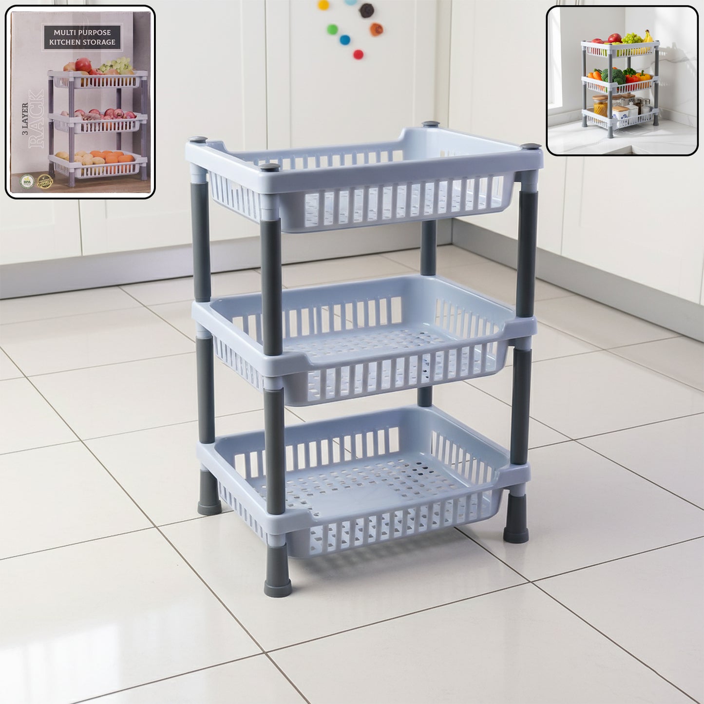 3 Tier Modular Kitchen Storage Basket Rack - Ventilated Plastic Organizer Stand - Great Price - Image 2