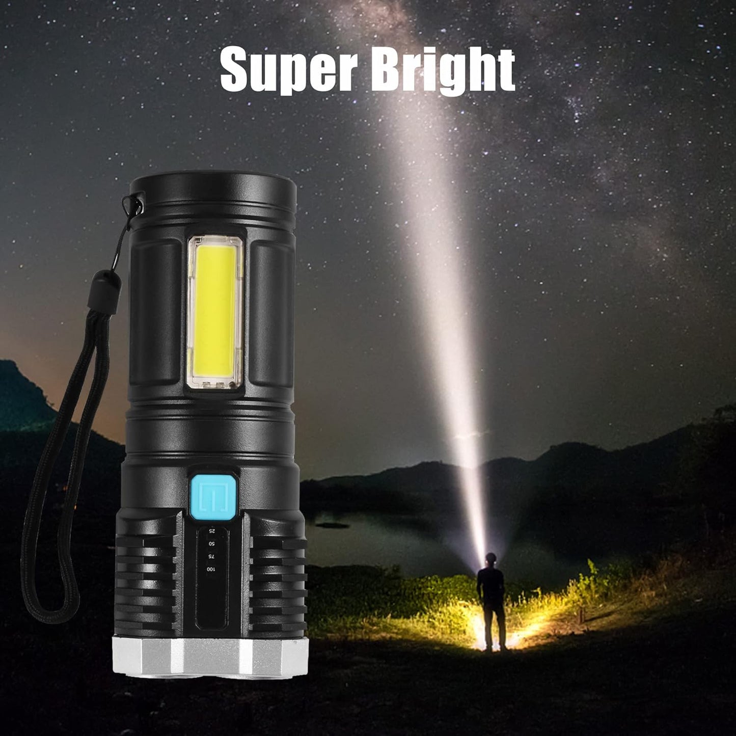 Multifunctional Strong 4 Led Torch Light Portable Rechargeable Flashlight Long Distance Beam Range 800 Lumens Cob Light 4 Mode Emergency For Hiking Walking Camping (4 Led Torch) - Happy Price - Image 2