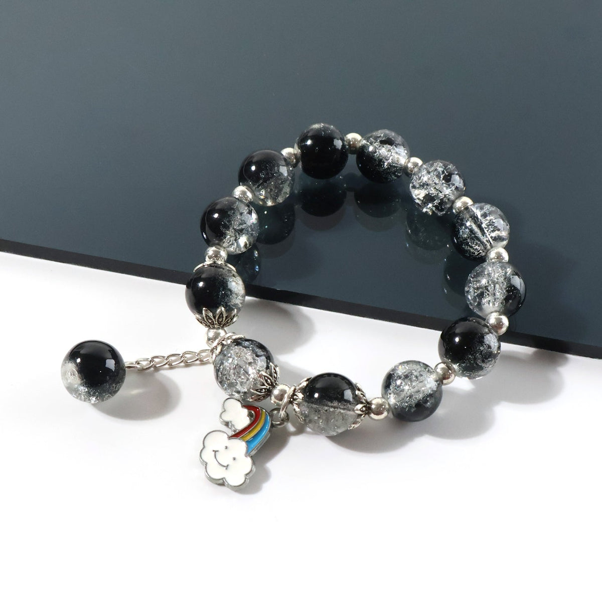 Black Crystal Beaded Stretch Bracelet with Cloud Rainbow Charm - Happy Price - Image 3