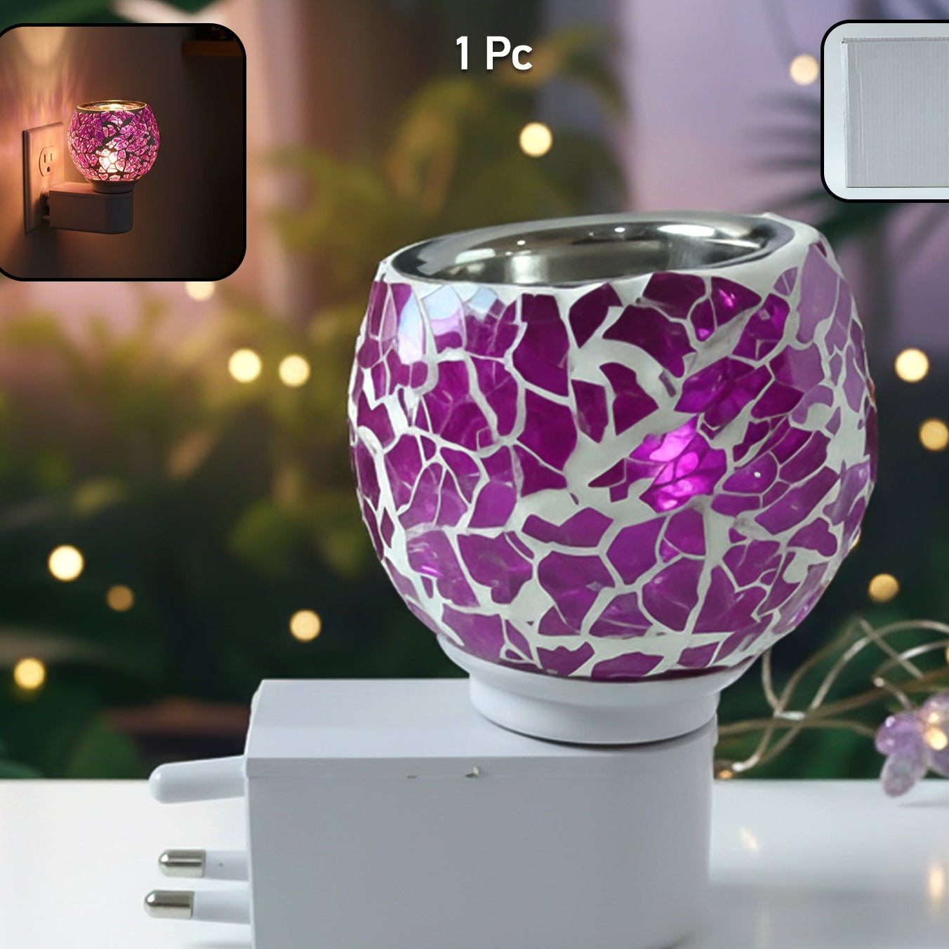 Mosaic Glass Aroma Diffuser & Night Lamp (1 Pc) - Purple Crackle Plug-in - Happy Price - Image 1