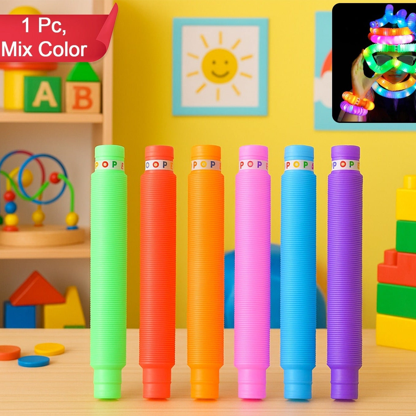 LED Glow Pop Tube Fidget Toy - Bendable Sensory Toy for Kids (1 Pc, Mixed Color) - Happy Price - Image 1
