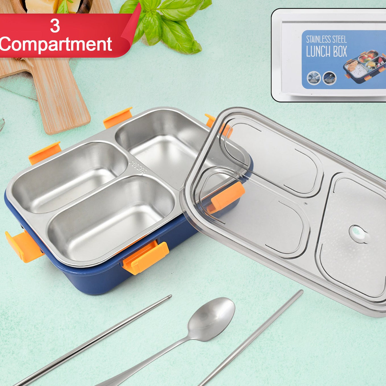 3 Compartment Transparent Stainless Steel Lunch Box With A Spoon And A Pair Of Chopsticks (1 Set) - Happy Price - Image 1