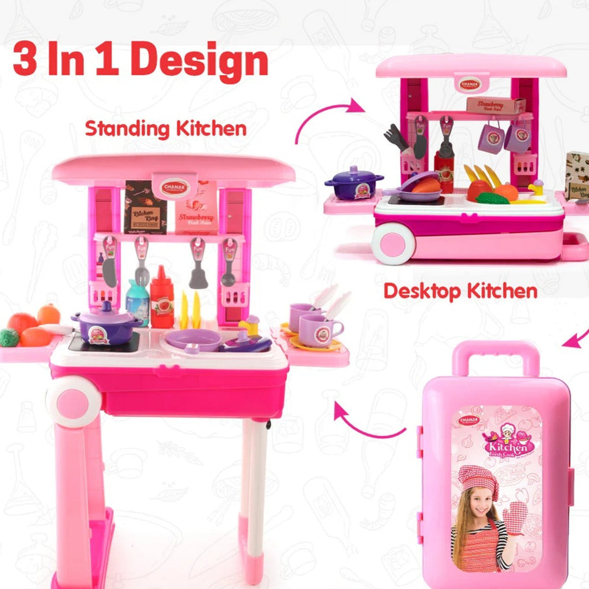 3 In 1 Kitchen Set For Kids Portable Pretend Play Toys For Kids With Suitcase (1 Set) - Happy Price - Image 1