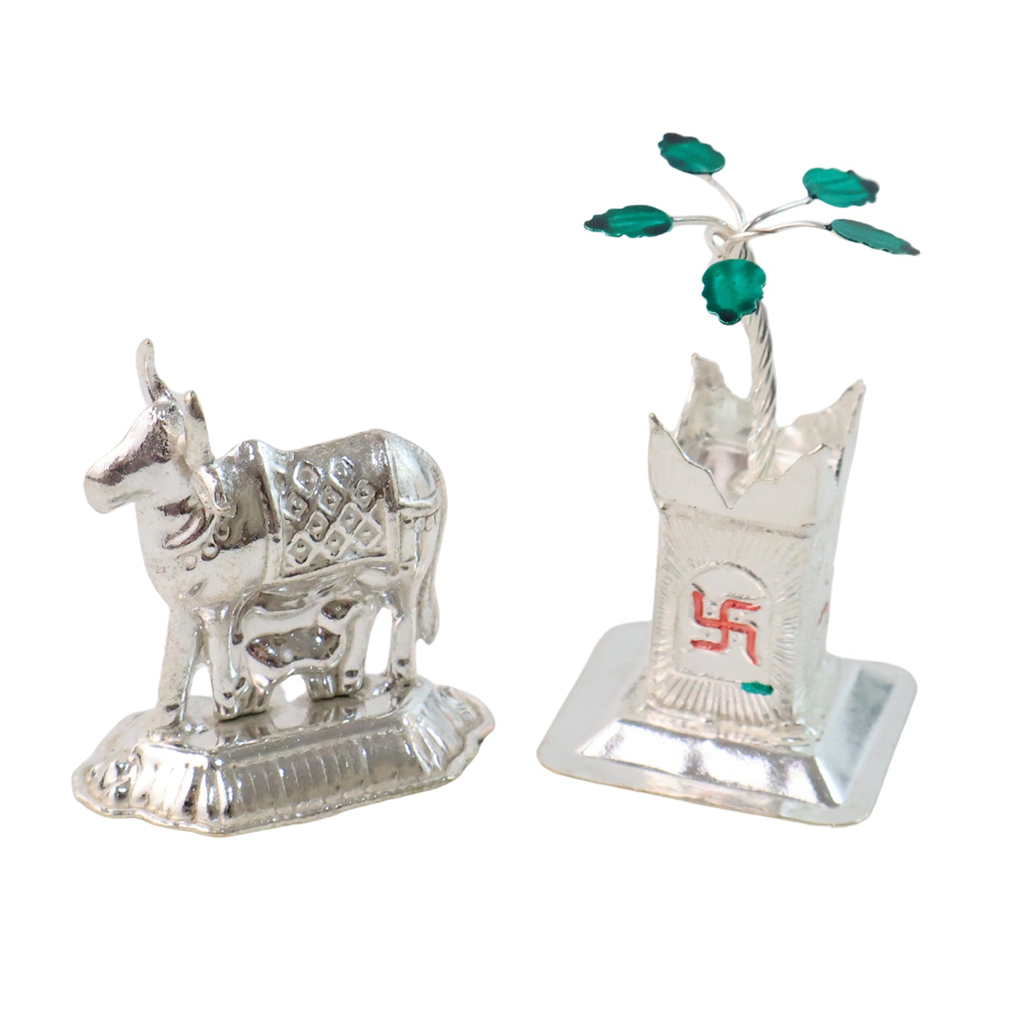 Silver-Plated Kamdhenu Cow Calf & Tulsi Plant Pooja Decor Set - Great Price - Image 4