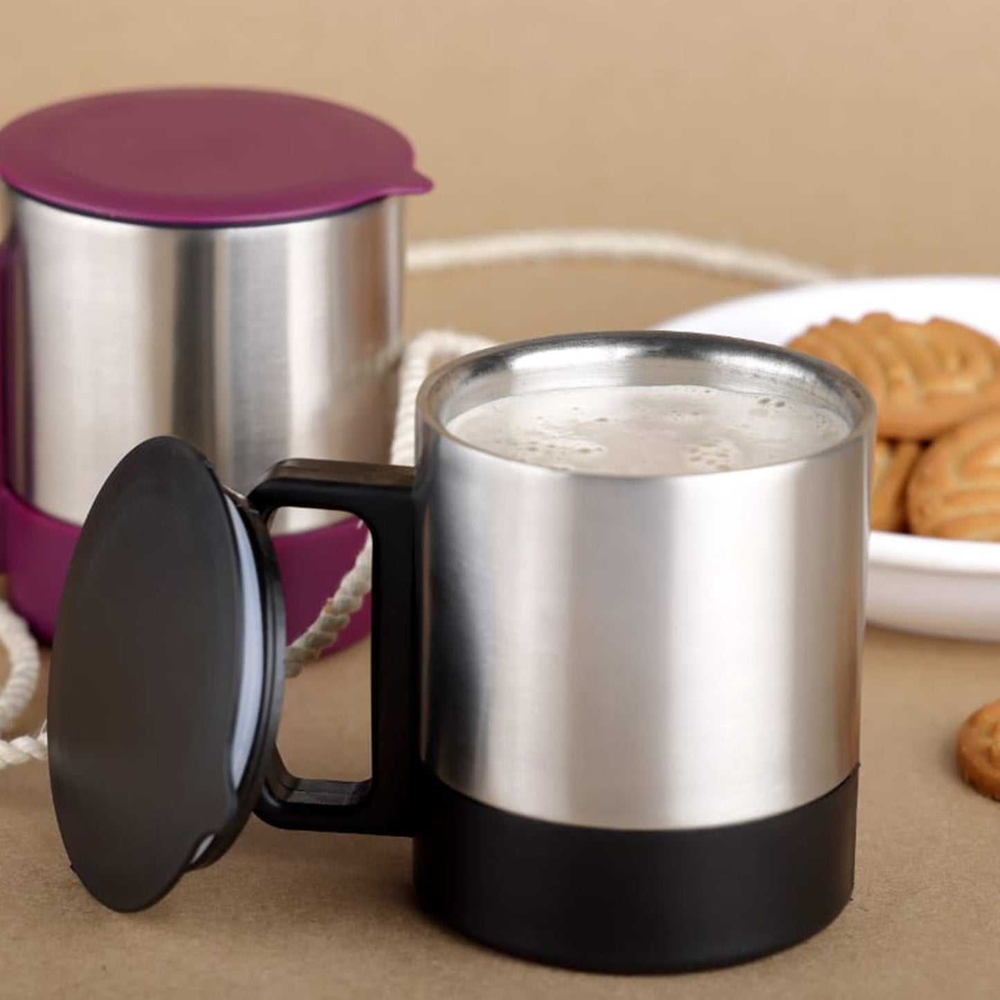 Stainless Steel Coffeetea Cup Stainless Steel Lid Cover Hot Coffeetea Mug Hot Insulated Double Wall Stainless Steel Coffee And Milk Cup With Lid Handle Easy To Carry - Coffee Cup (1 Pc) - Happy Price - Image 3