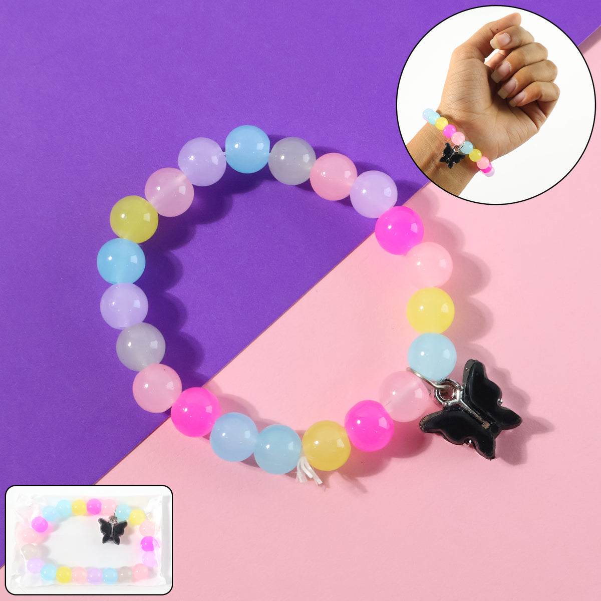 Pastel Bead Stretch Bracelet with Butterfly Charm - 1 Pc - Happy Price - Image 1