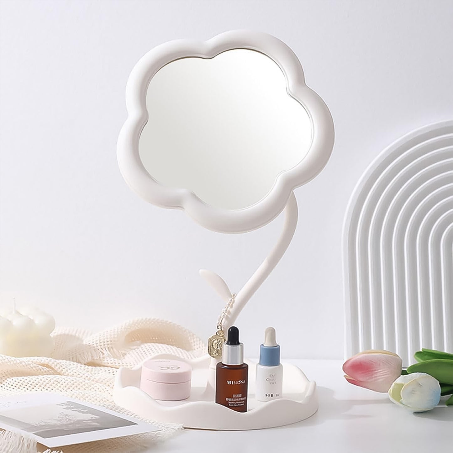 Flower Shaped Rotating Makeup Mirror with Tray - Tabletop Vanity - Happy Price - Image 4