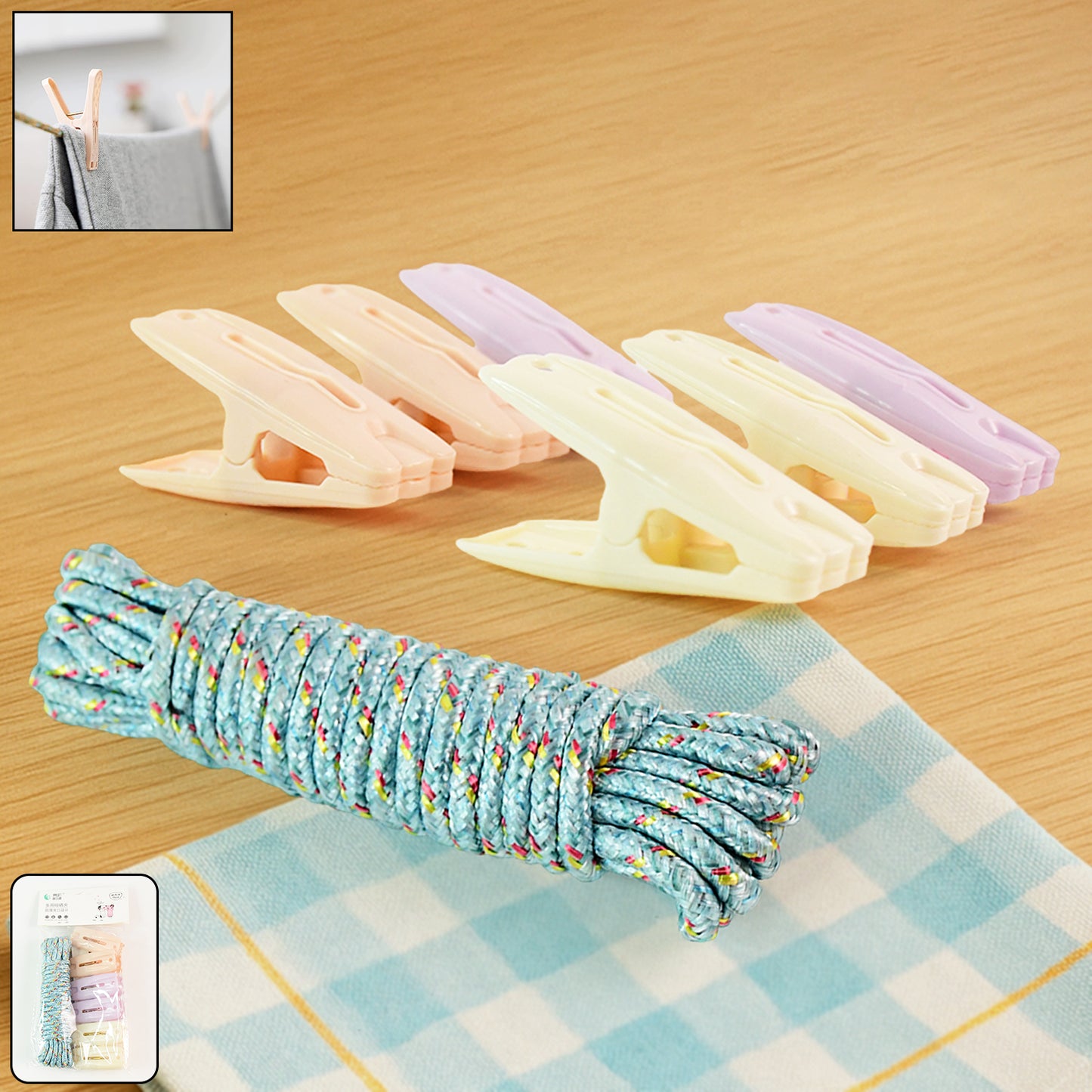 Clothesline Rope With 6 Clips 6 Meter Approx Heavy Duty Laundry Drying Rope With Clip - Happy Price - Image 2