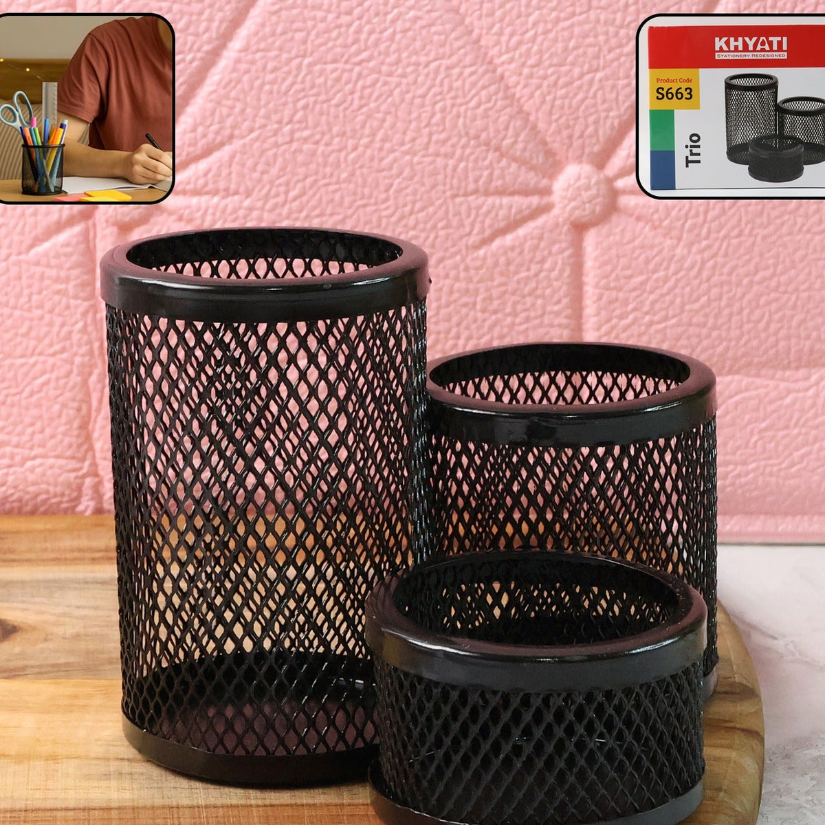 Khyati Trio Metal Mesh Pen Stand - 3-in-1 Round Desk Organizer Set - Happy Price - Image 1