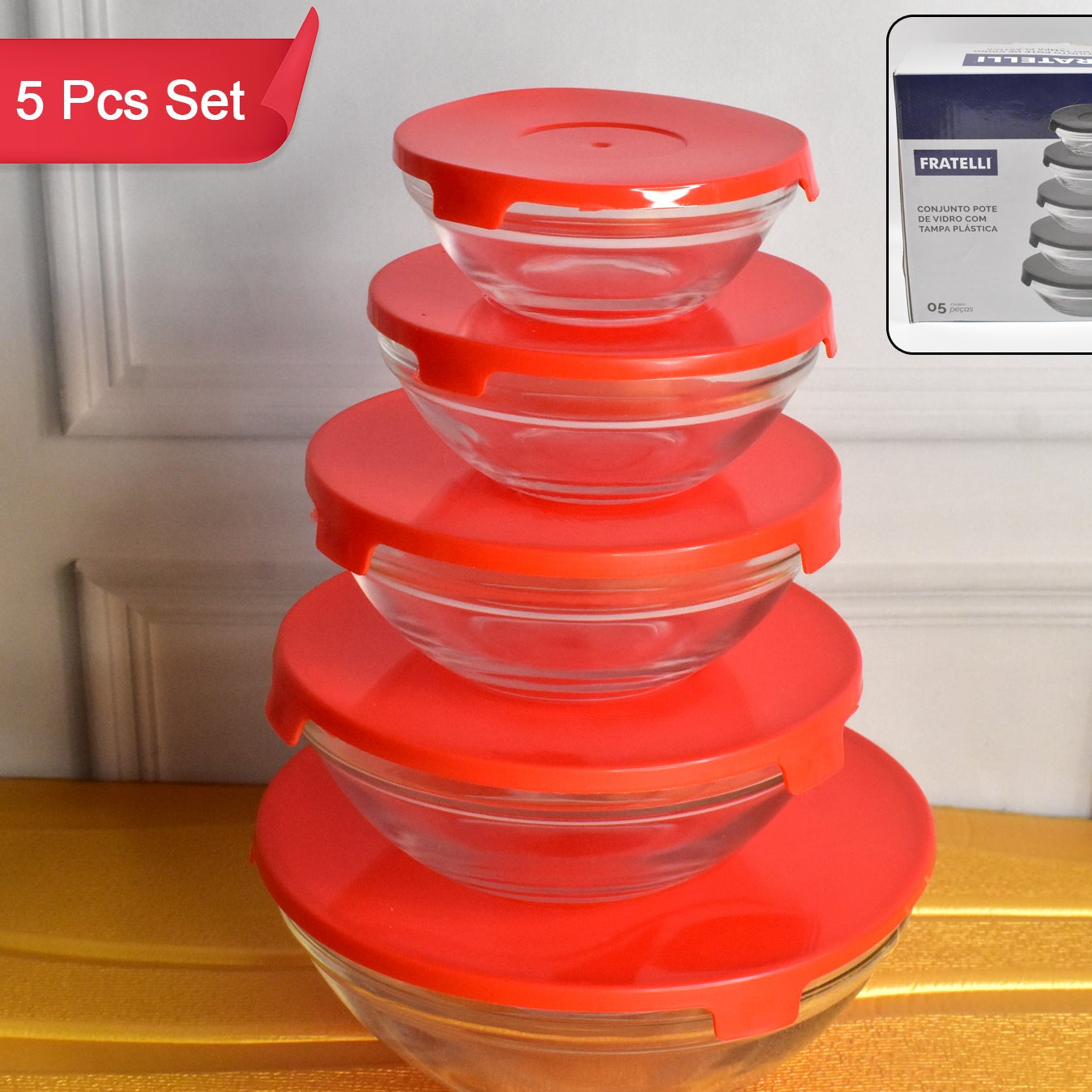 Modern Glass Bowl Set Mixing Storage Bowls With Red Lids (5 Pcs Set) - Happy Price - Image 1
