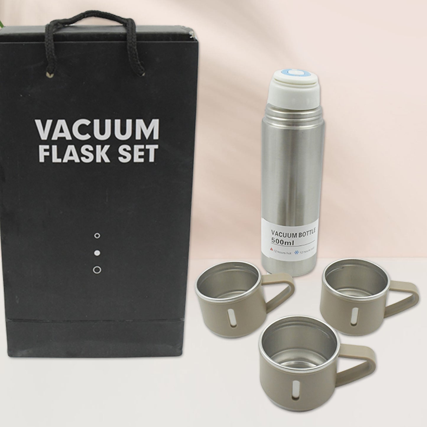 Stainless Steel Vacuum Flask Set With 3 Steel Cups Combo For Coffee Hot Drink And Cold Water Flask Ideal Gifting Travel Friendly Latest Flask Bottle. (500ml) - Happy Price - Image 4
