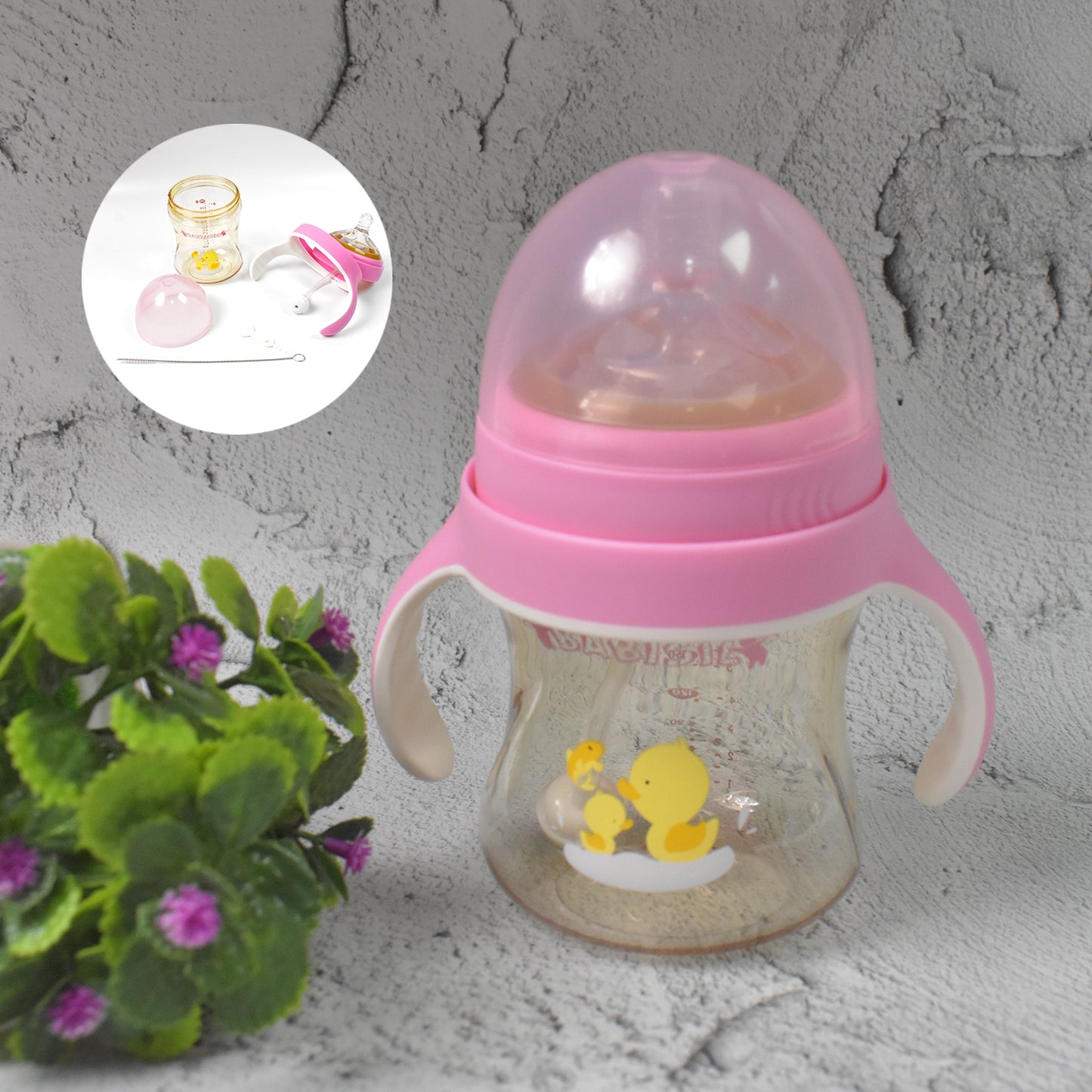 Plastic Baby Feeding Bottle With Handles Cleaning Brush Straw (240 Ml 1 Pc) - Happy Price - Image 3
