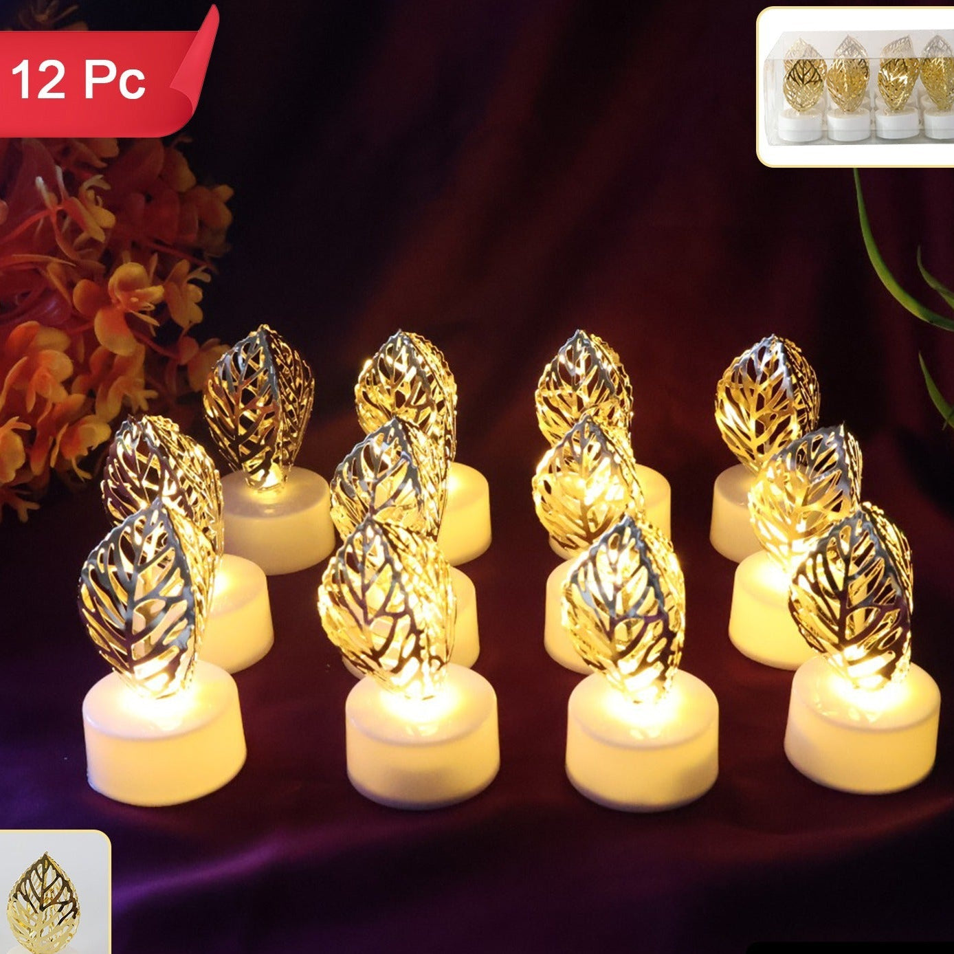 Decorative Golden Leaf Flameless LED Candles - Set of 12 - Happy Price - Image 1
