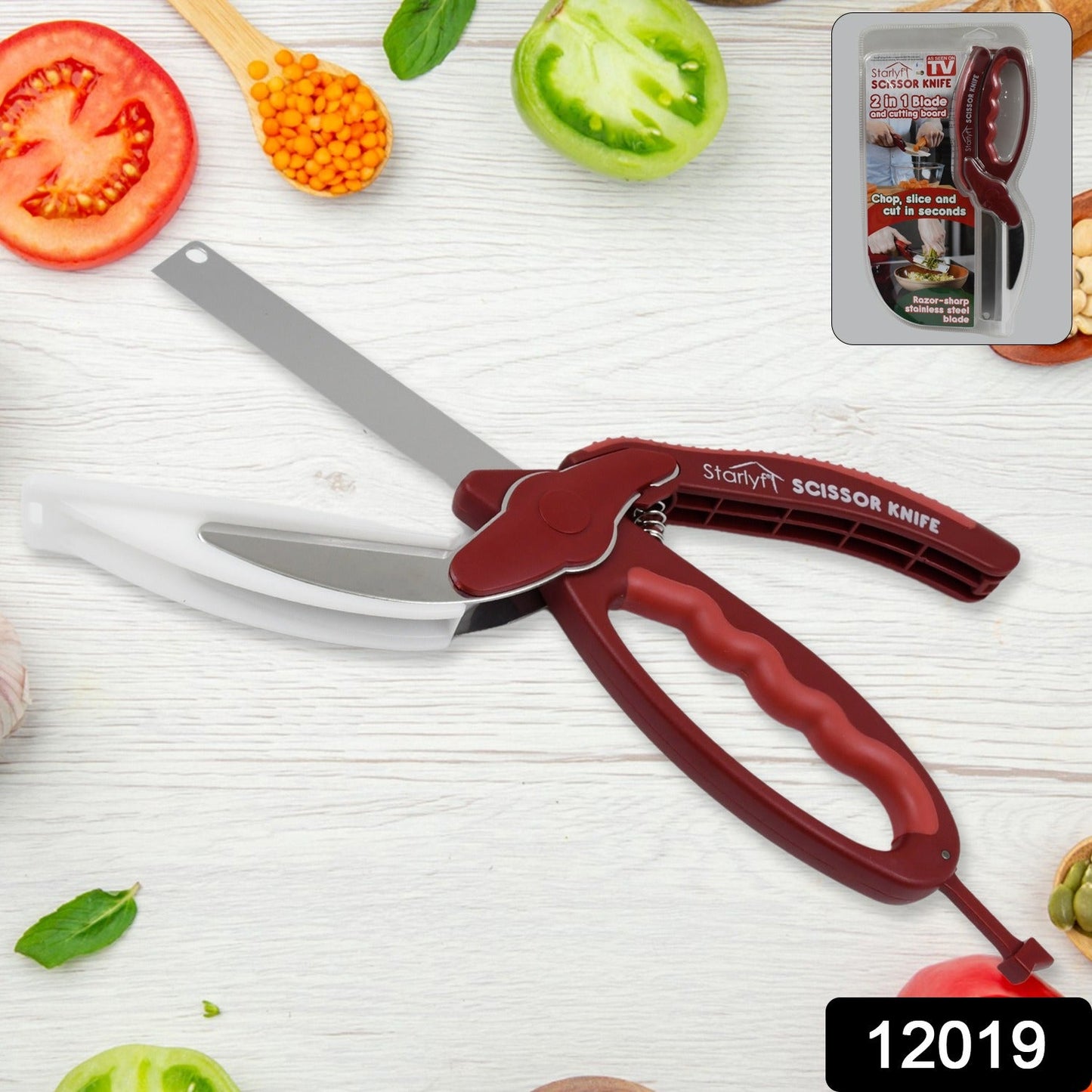 2 In 1 Kitchen Knife Scissor With Spring Locking Hinge And Chopping Board (1 Pc With Card Packing) - Happy Price - Image 2