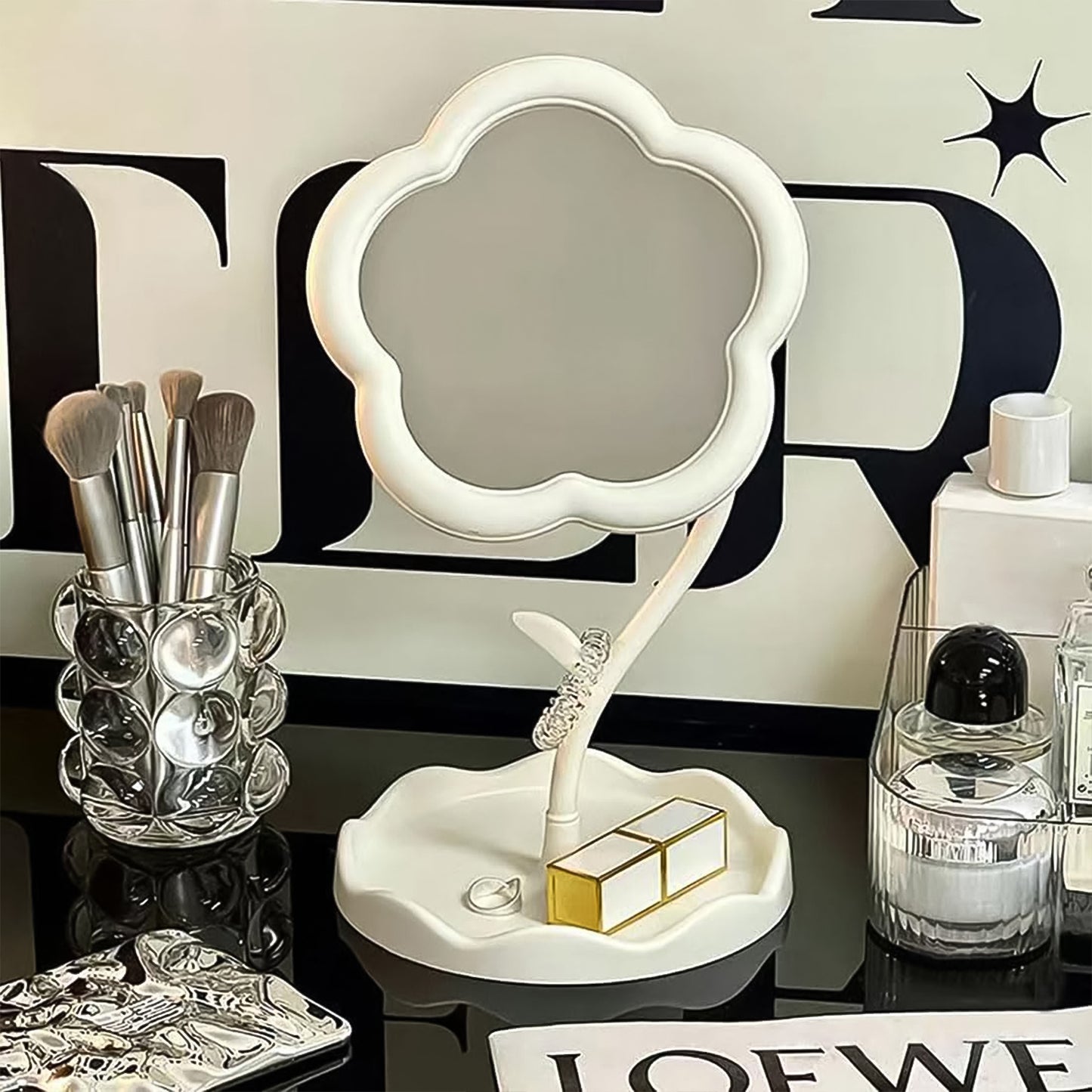Flower Shaped Rotating Makeup Mirror with Tray - Tabletop Vanity - Happy Price - Image 2