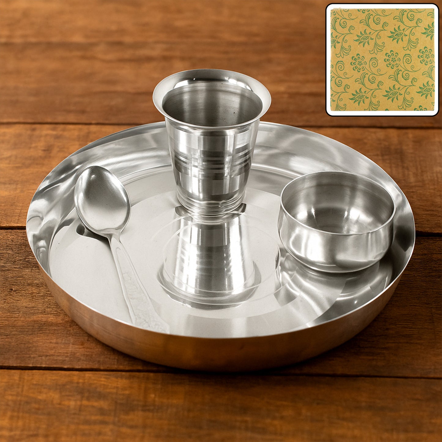 Stainless Steel Pooja Thali Set with Katori, Glass & Spoon - 4 Pcs - Happy Price - Image 6