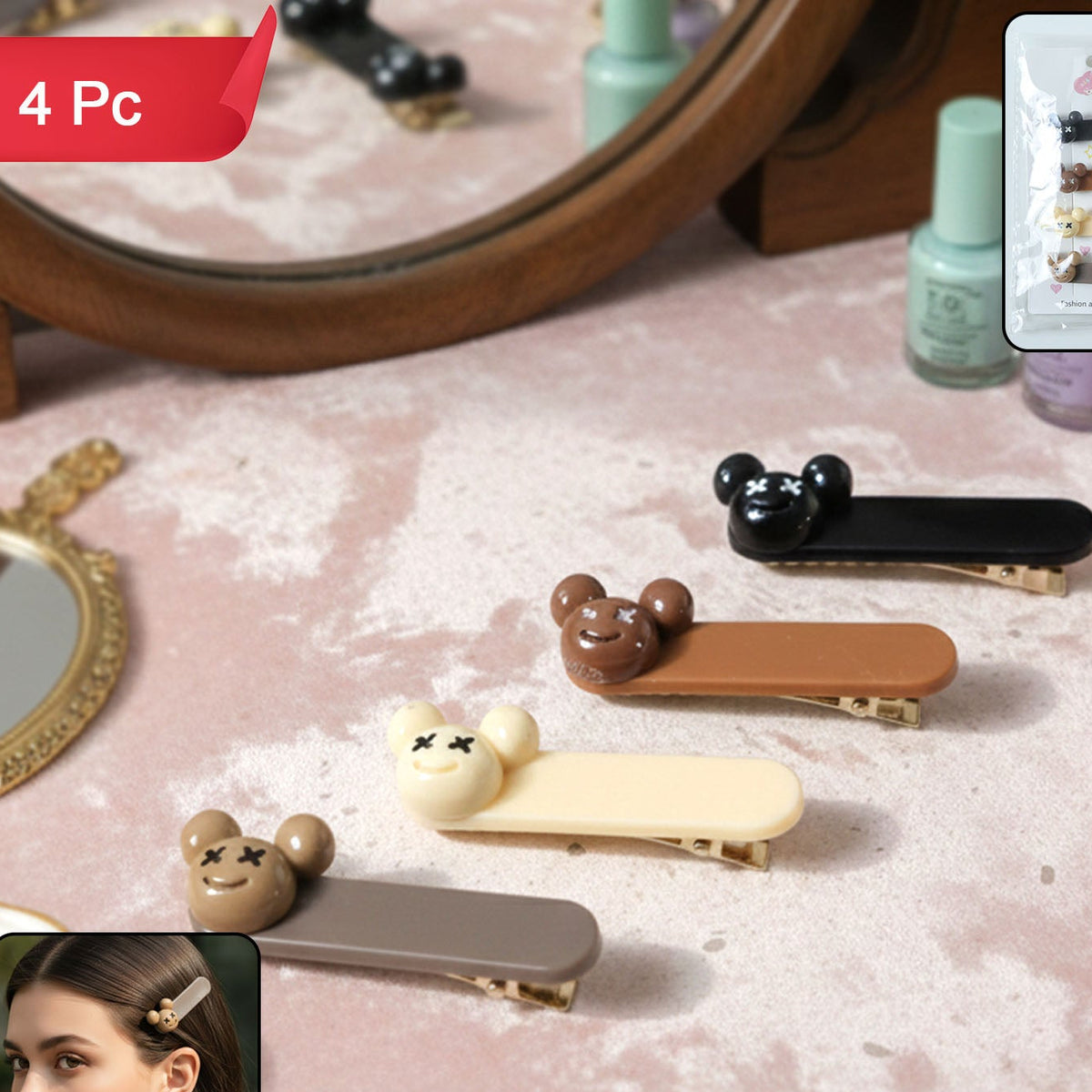 Cute Bear Design Fashion Hair Clips - 4 Pc Set for Girls & Women - Happy Price - Image 1