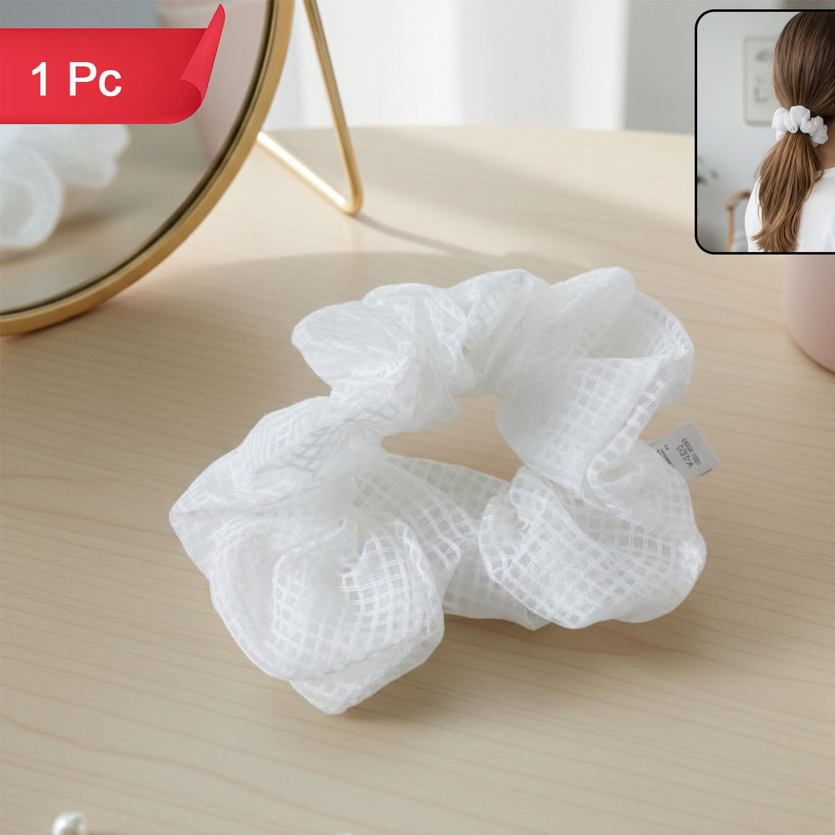 White Mesh Fabric Hair Scrunchie for Ponytails & Buns (1 Pc) - Happy Price - Image 1