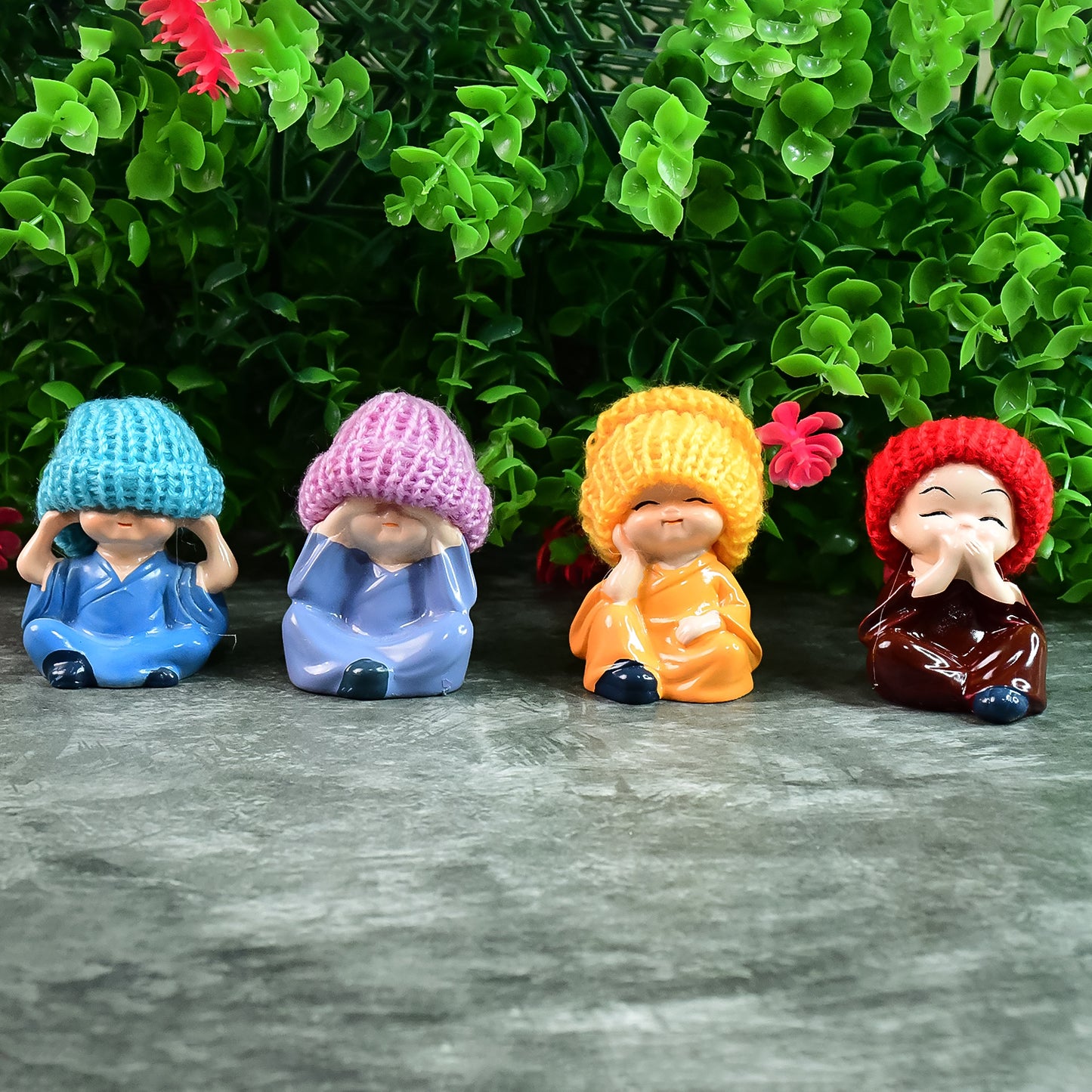 Decorative Resin Monk Buddha Showpiece Set Of 4 With Traditional Straw Hats - Happy Price - Image 5