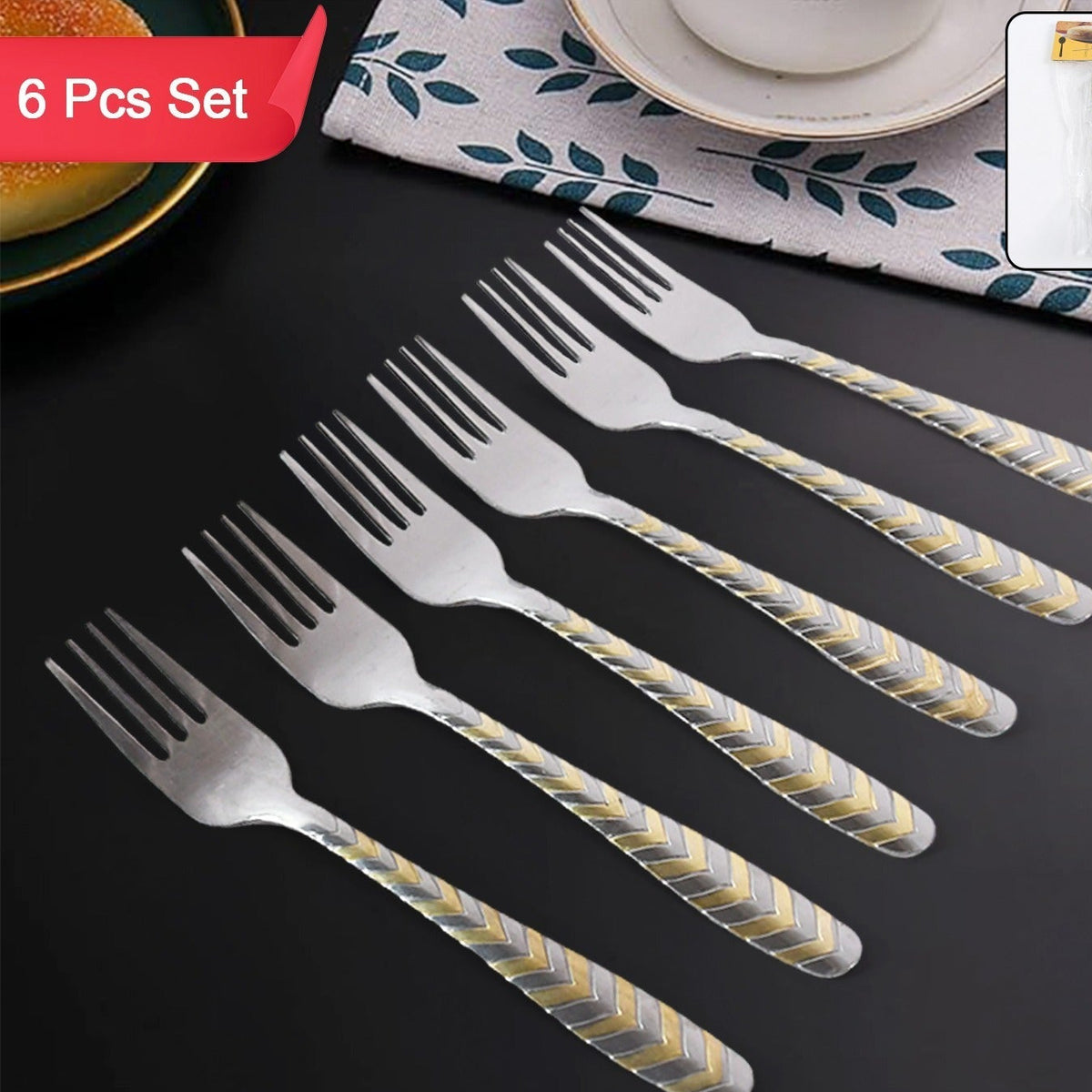 6 Pcs Stainless Steel Dining Forks - Elegant Golden Zig-Zag Handle - Happy Price - Image 1