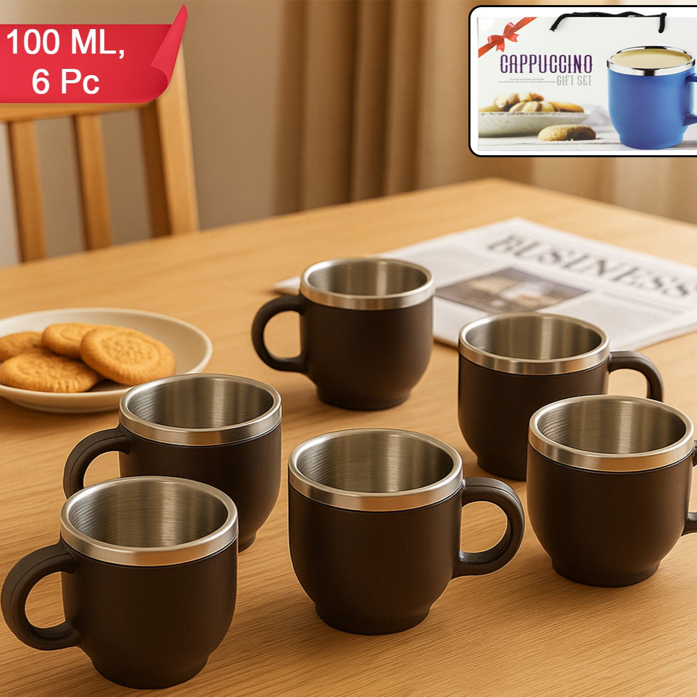 Apex 6 Pc Double Wall Stainless Steel Cappuccino Mugs Set, 100 ML Each, Brown Finish - Happy Price - Image 1