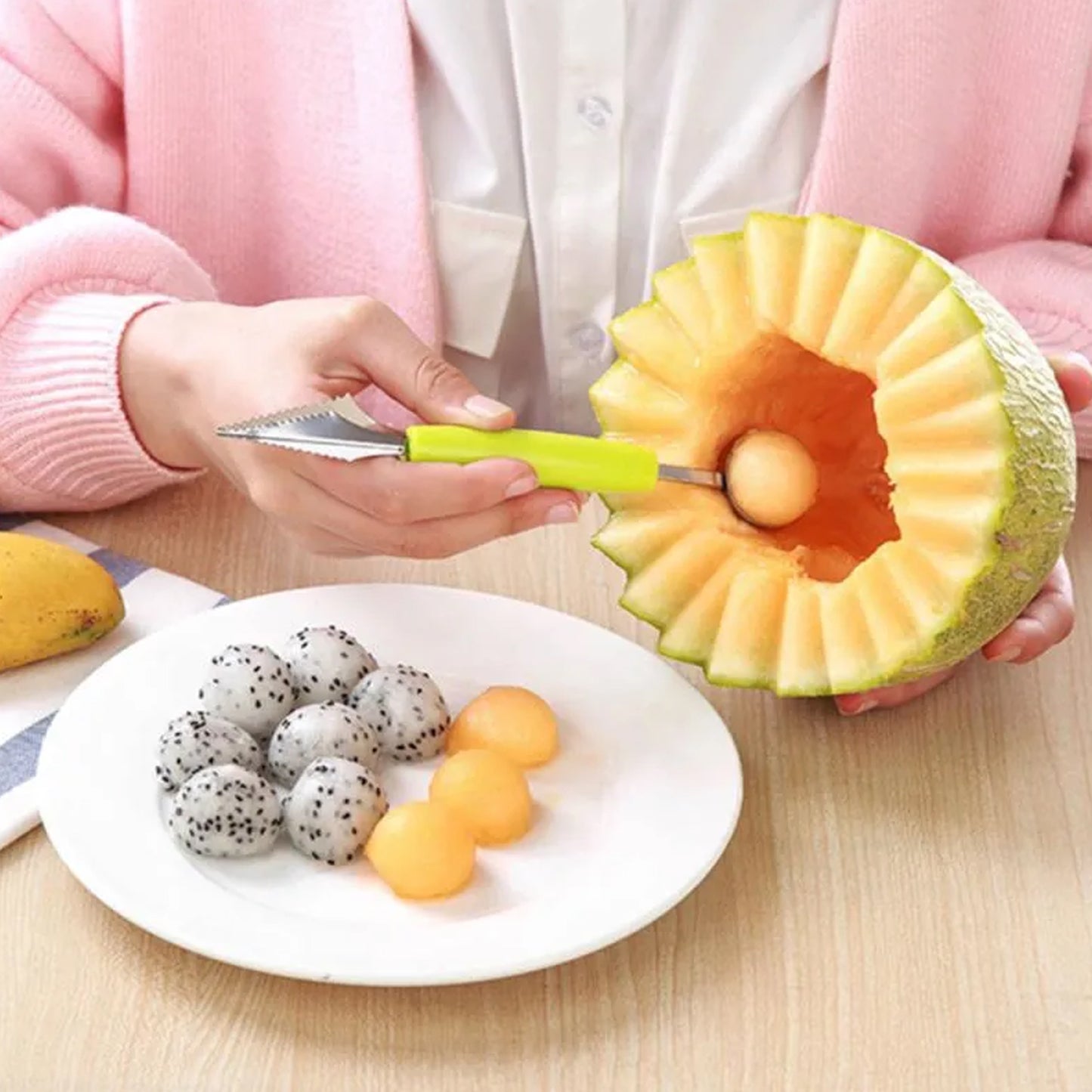 Multifunctional Stainless Steel Fruit Vegetable Pattern Carving Knife Peeler Corer Spherical Dig Ball Scoop Garnishing Dig Ball Spoon Kit. - Happy Price - Image 4