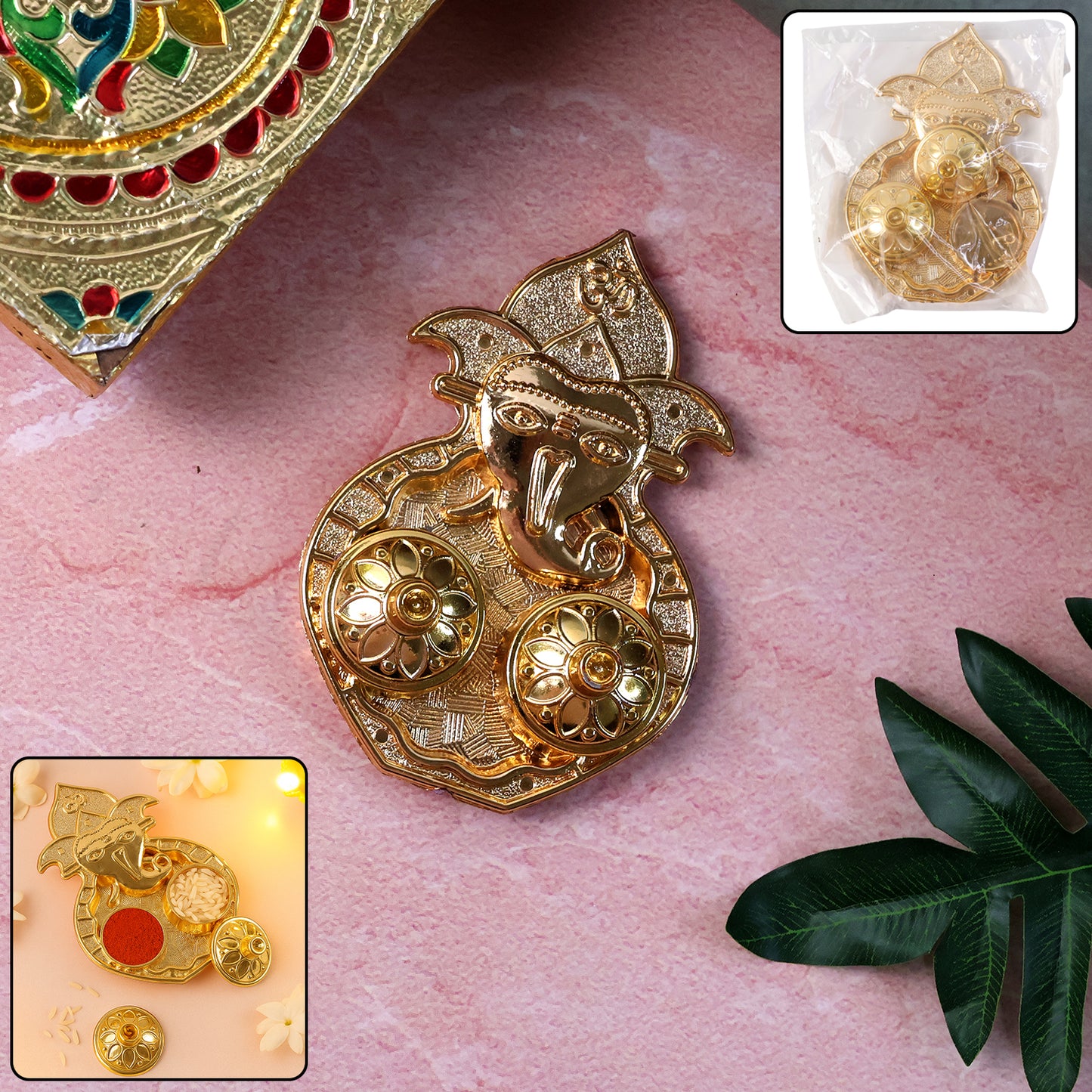 Lord Ganesha Kumkum Holder with Dual Compartments - Golden Plastic Pooja Accessory (1 Pc) - Happy Price - Image 7