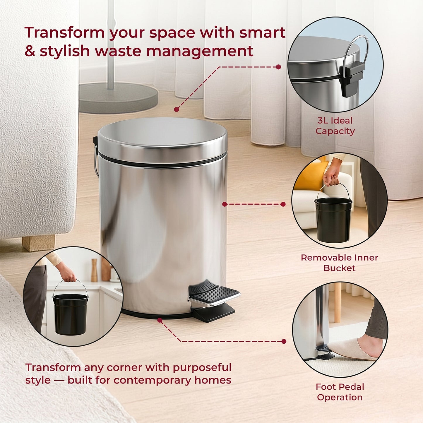 3 Litre Stainless Steel Pedal Dustbin with Soft Close Lid - 1 Pc - Great Price - Image 6
