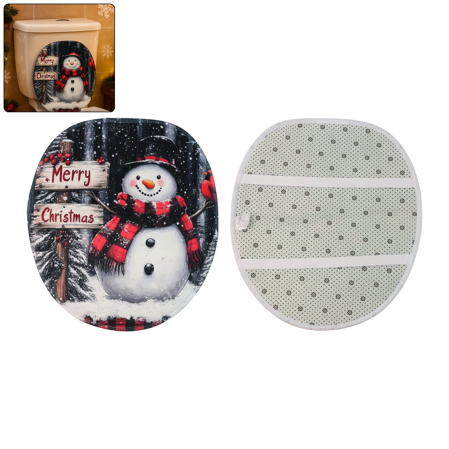 3-Piece Christmas Snowman Bathroom Mat Set - Non-Slip Microfiber Bath Rug, U-Shape Mat & Toilet Lid Cover - Happy Price - Image 3