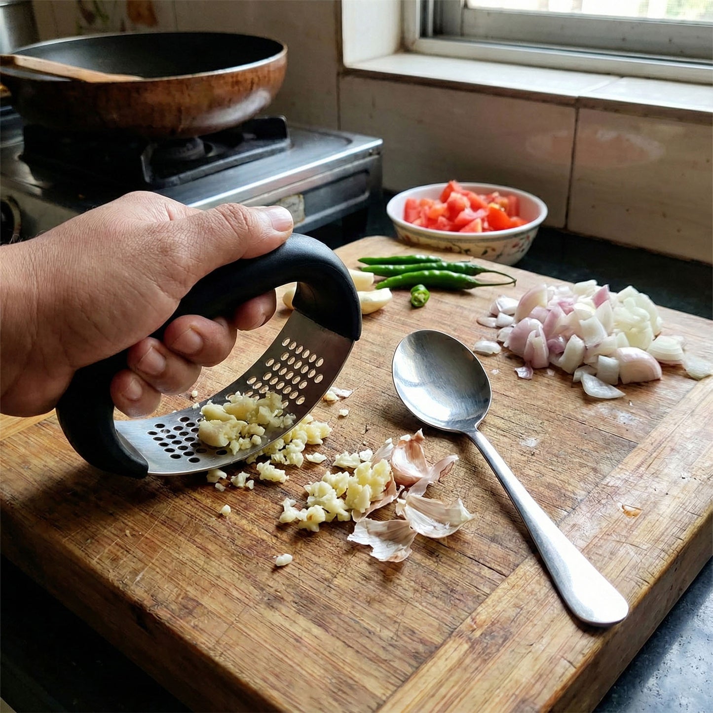 2 Pc Garlic Press & Spoon Set - Heavy Duty Kitchen Tool - Happy Price - Image 6