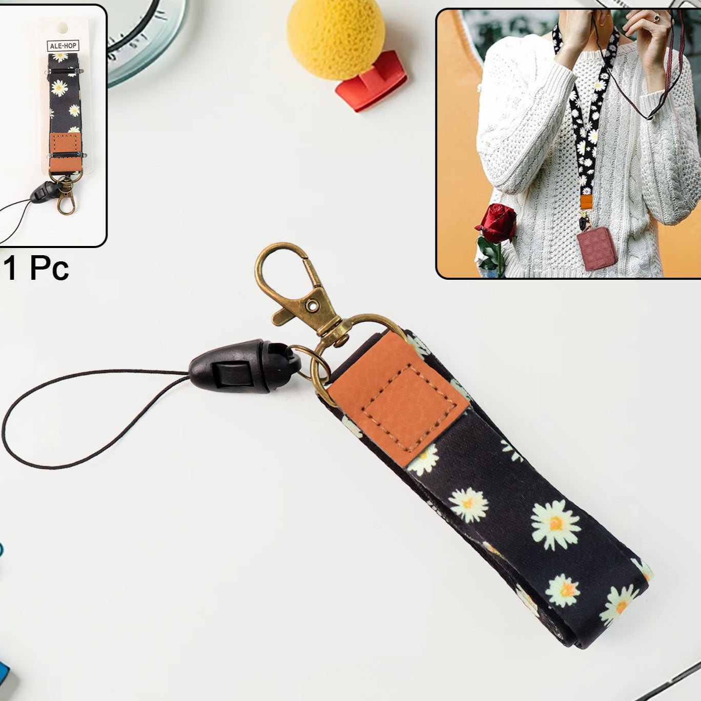 Floral Print Neck Lanyard Strap With Clip Hook Mobile String (1 Pc) - Happy Price - Image 1