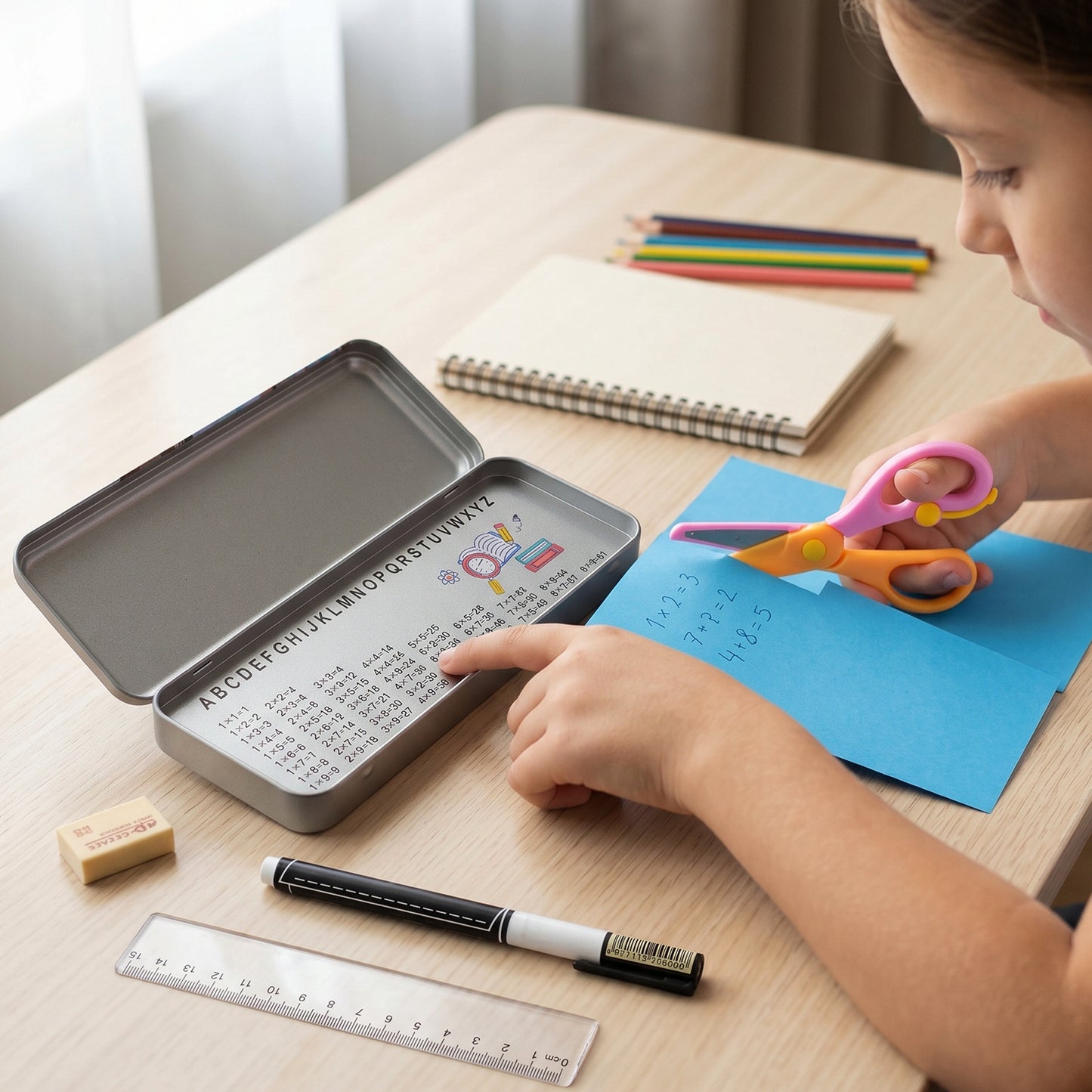 5-in-1 Kids Metal Stationery Box Set with Pen, Scale, Eraser & Scissors - 1 Pc - Great Price - Image 3