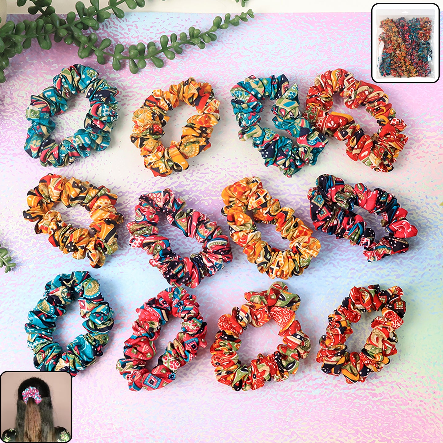 Set of 12 Printed Fabric Hair Bands for Ponytails - Assorted Designs - Happy Price - Image 7