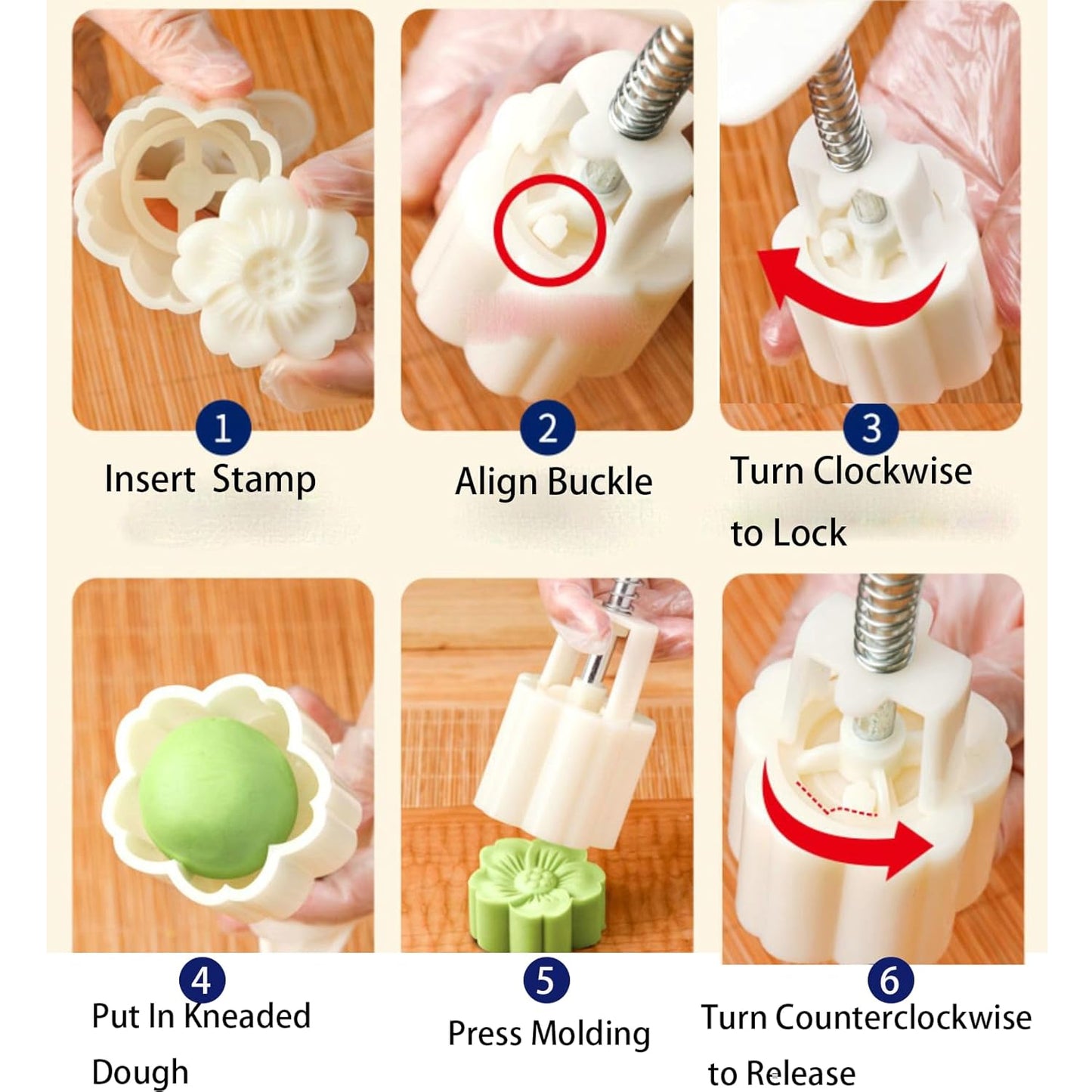 Mooncake Press Mold Set with 4 Floral Pattern Stamps - Food-Grade Plastic Baking Tool - Happy Price - Image 6