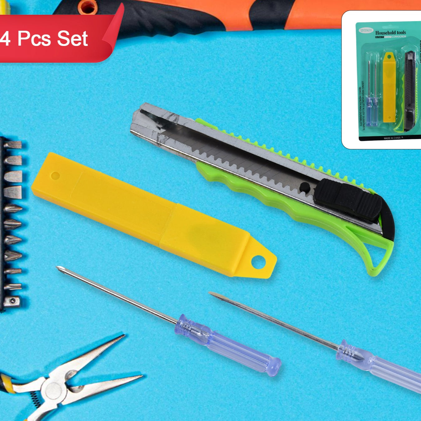 Heavy Duty Working Cutter Knife With Replacement Blade 2 Screwdriver Hand Tool (4 Pc Set) - Happy Price - Image 1