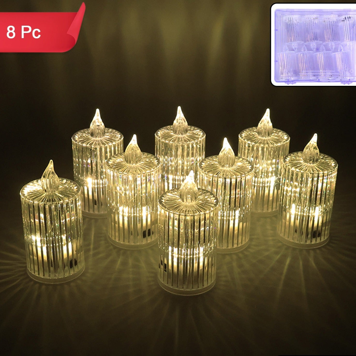 Set of 8 Crystal Effect LED Flameless Candles with Warm Flickering Light - Happy Price - Image 1